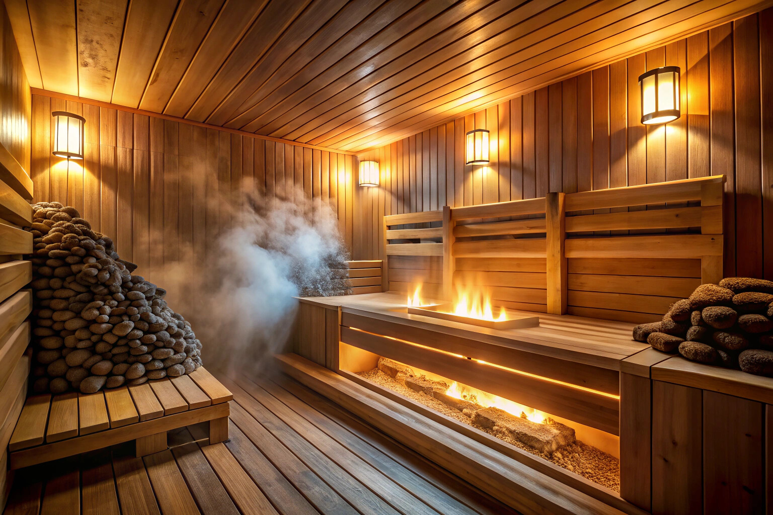 Традиционная деревянная банная комната с паром, поднимающимся от нагретых камней, и мягким светом, создающим уютную атмосферу