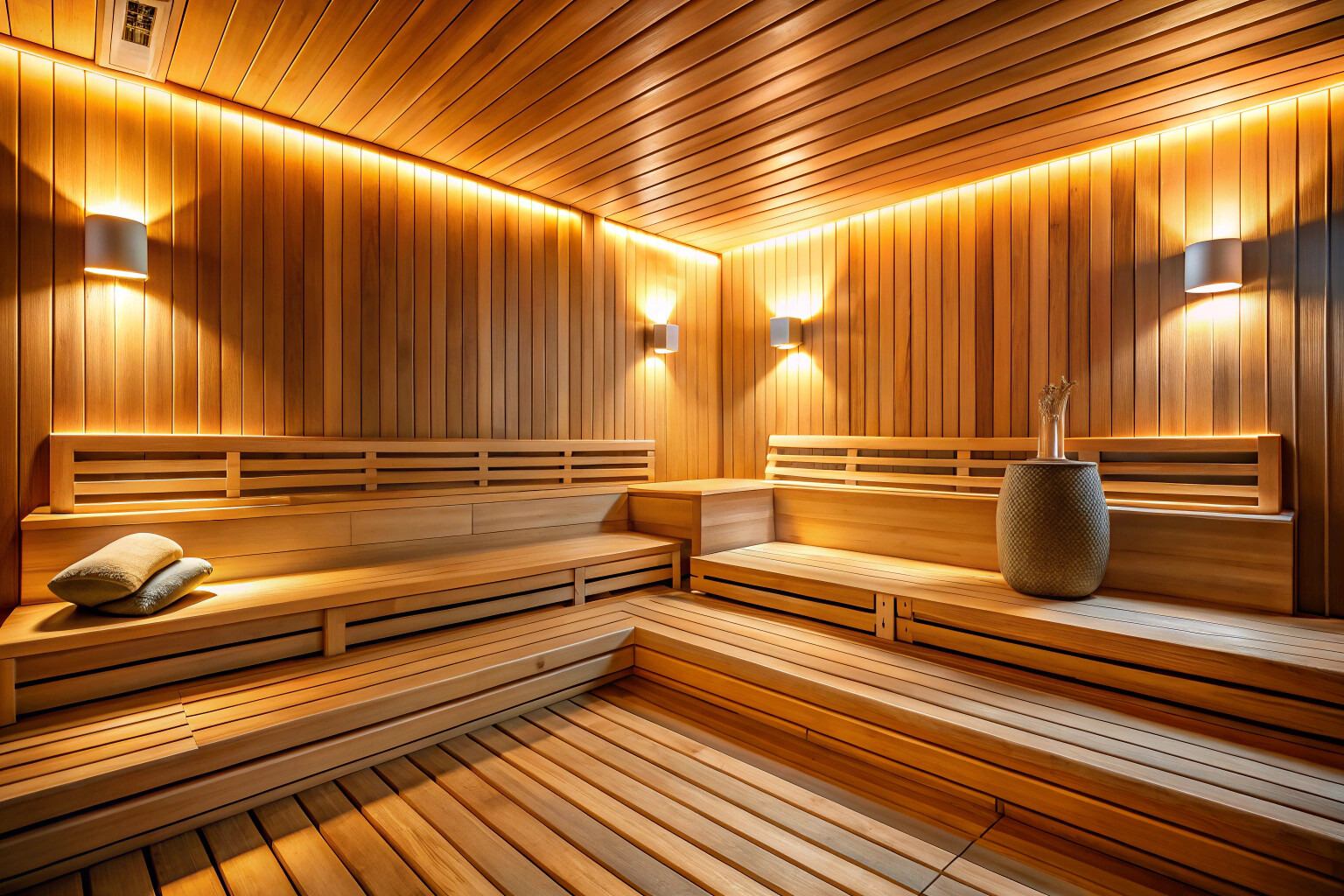 Интерьер современной сауны с деревянными скамьями, лёгким паром и тёплым светом, создающий уютную и стерильную атмосферу без людей и предметов