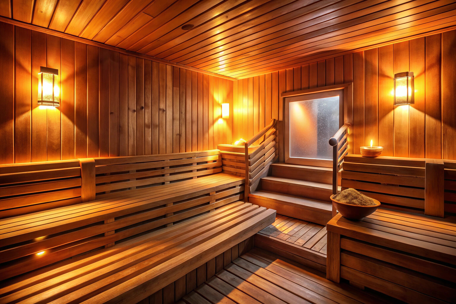 Уютный интерьер традиционной сауны с деревянными скамьями, тёплым светом и паром, создающим расслабляющую атмосферу
