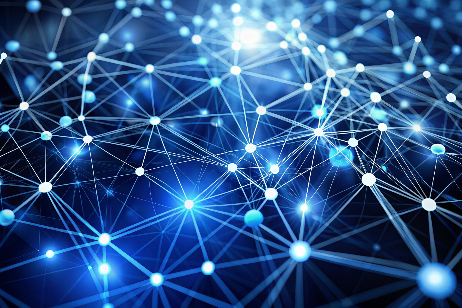 Абстрактное изображение сети связей в голубых и белых тонах, символизирующее общение и взаимодействие