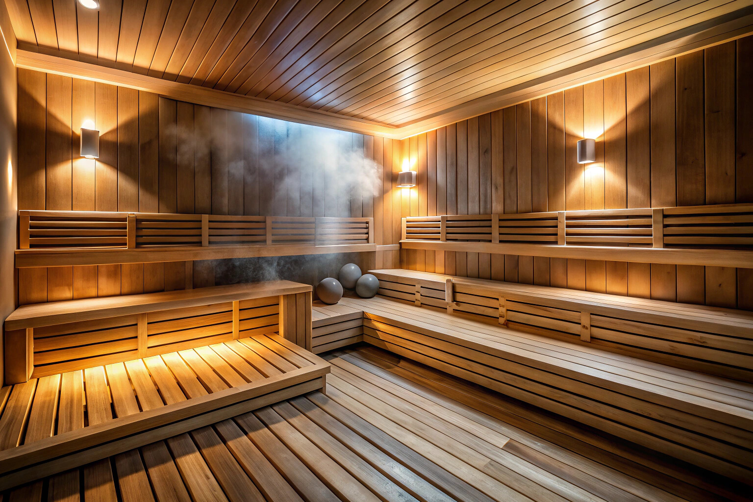 Парная комната с деревянными скамьями и клубами пара, создающая уютную и расслабляющую атмосферу