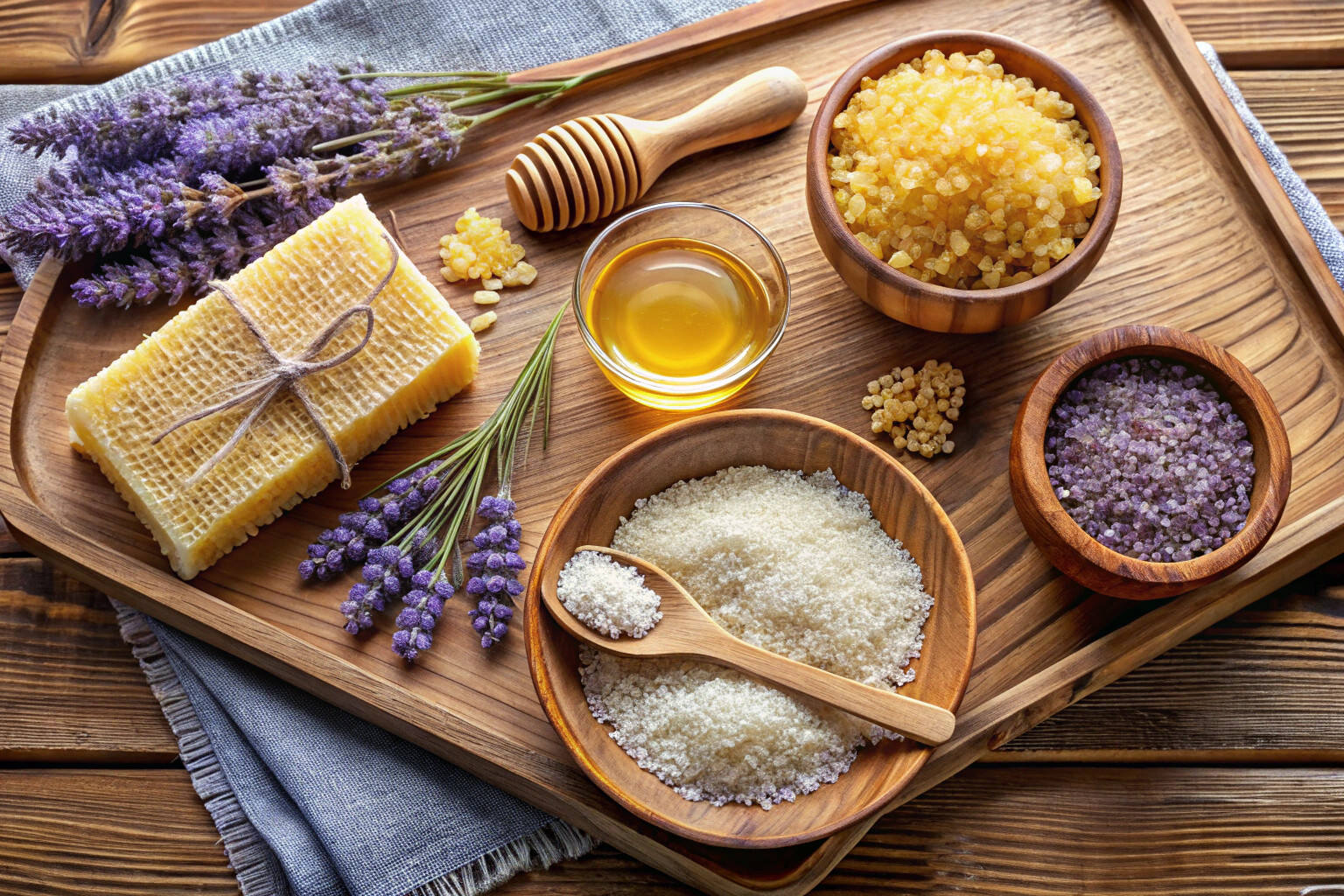 Деревянная доска с разложенными натуральными ингредиентами для спа-процедур: морская соль, сушеные цветы лаванды, мед в сотах, овсяные хлопья и керамическая чаша с эфирными маслами на фоне мягкого текстиля