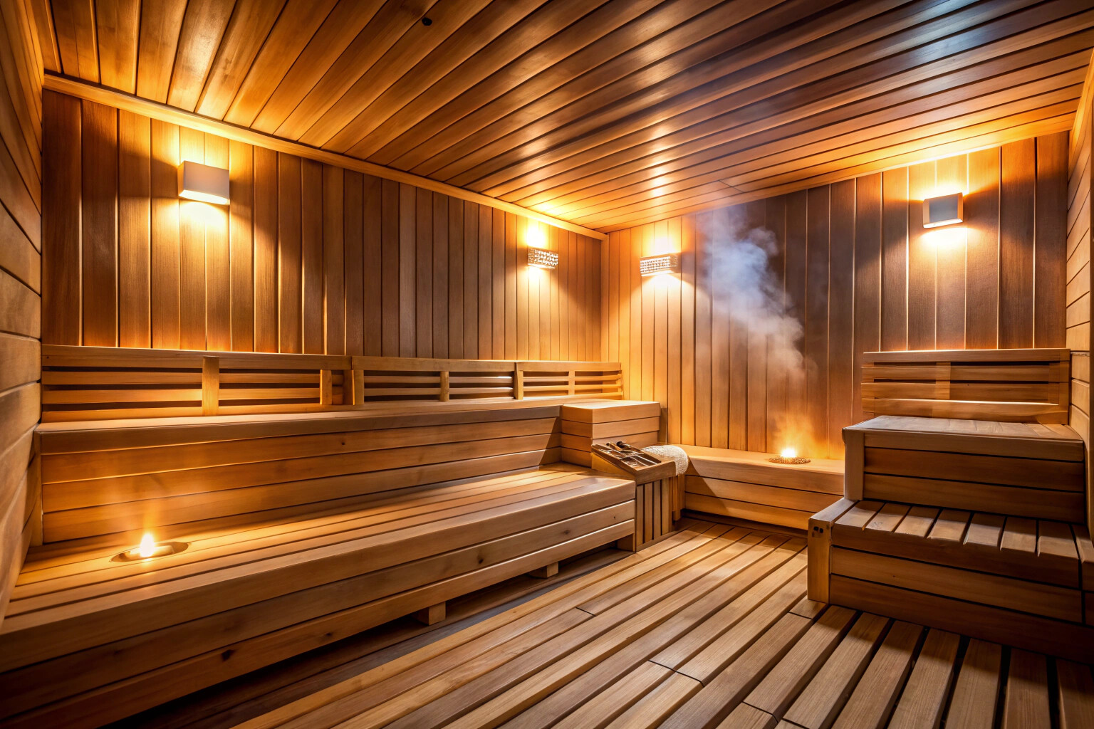 Уютный интерьер традиционной бани с деревянными скамьями, парящим паром и мягким светом, создающий атмосферу релаксации и умиротворения